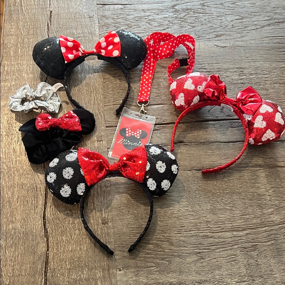 Disney vacation Minnie Mouse Sequin Ear Headbands Bundle - Red & Black Polka Dot